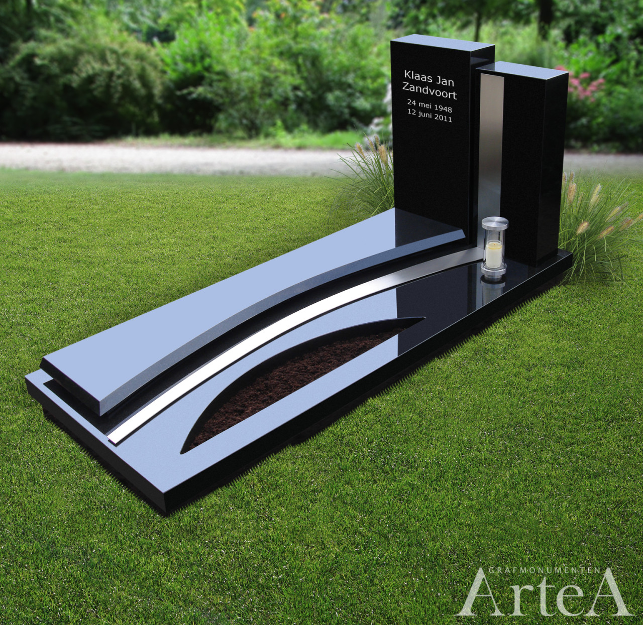 Bijzondere grafsteen met rvs banden