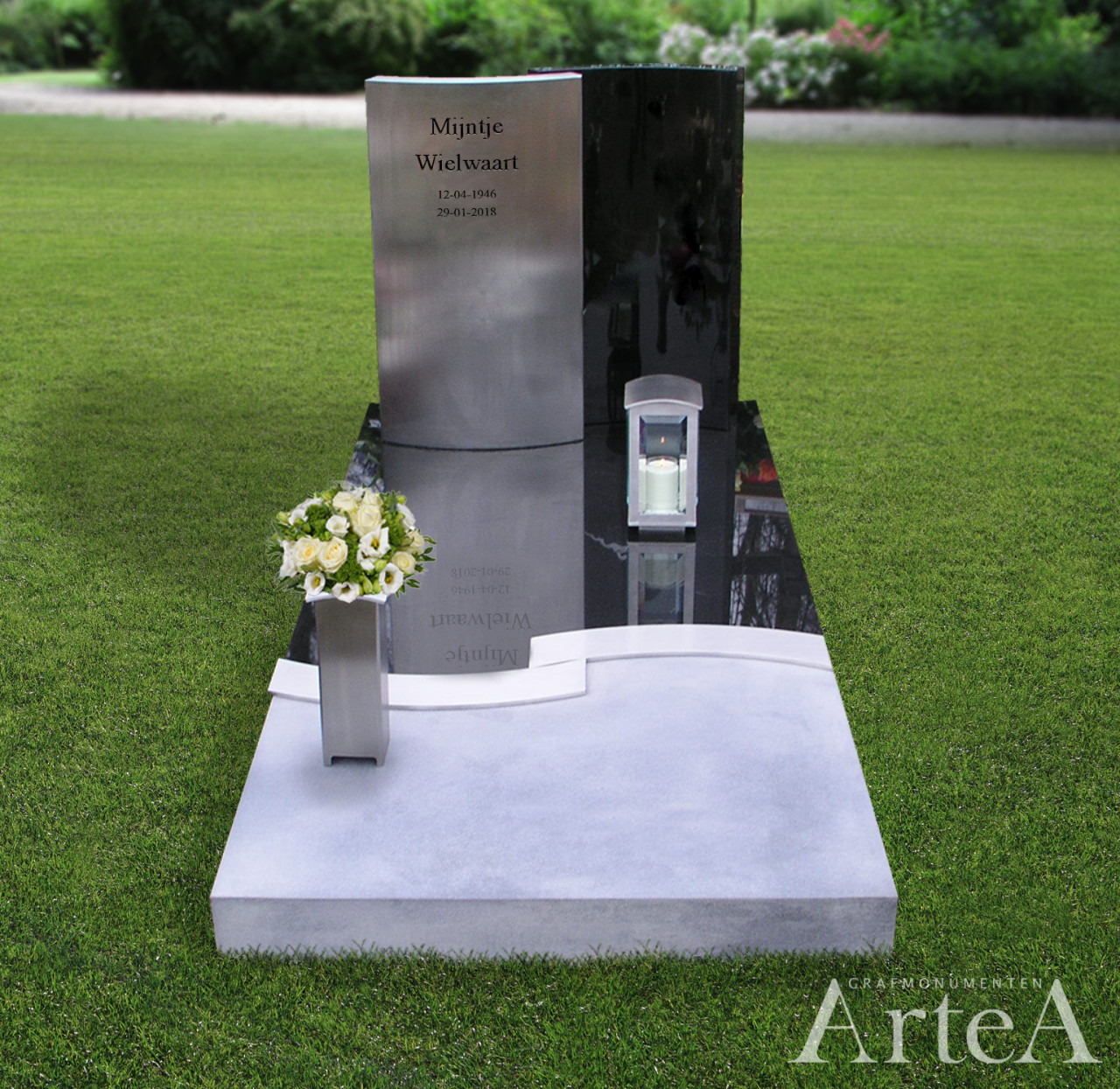 grafsteen met rvs en zwart graniet