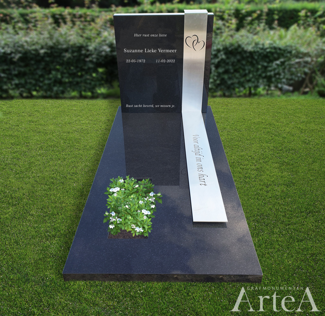 strakke grafsteen met banden van rvs