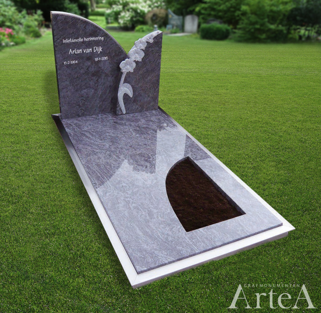 Grafmonument met bloem en rvs rand