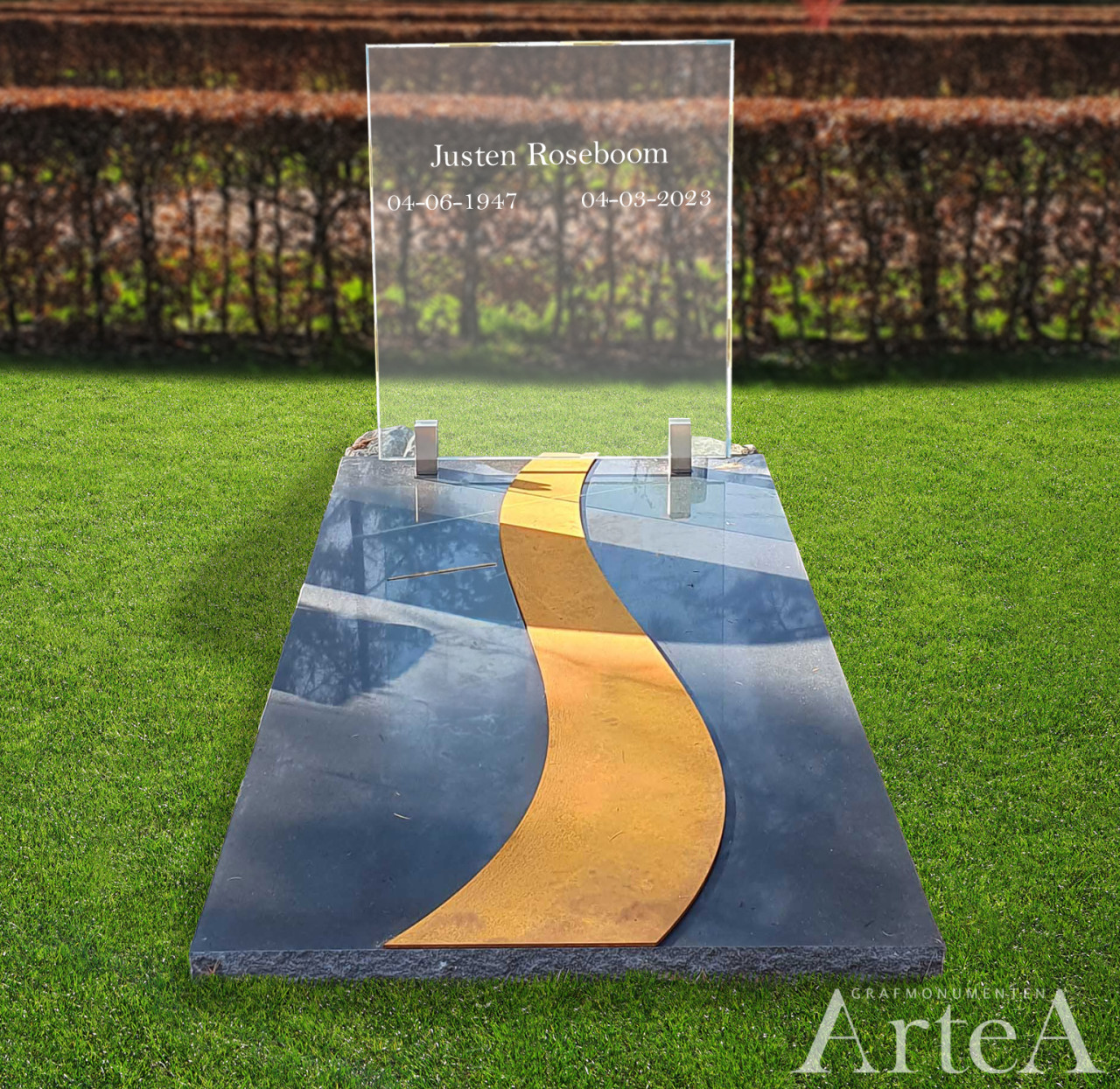 moderne grafsteen met cortenstaal en glas