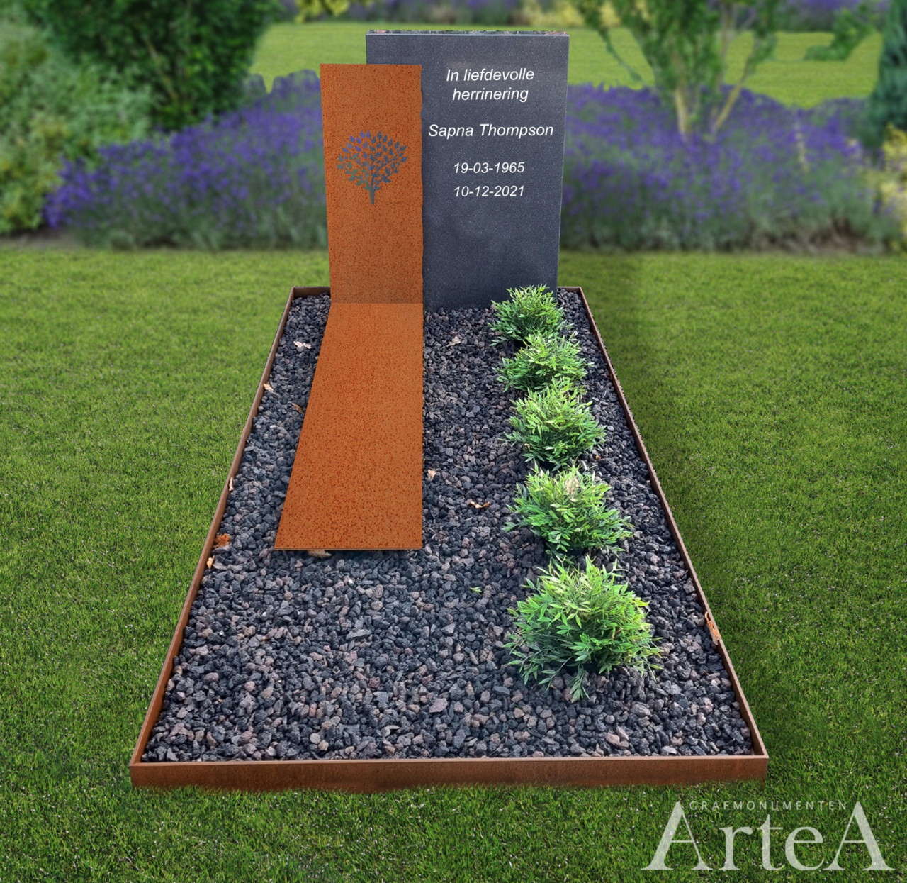 Moderne grafsteen met cortenstaal en graniet