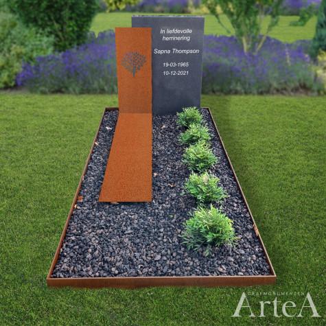 Moderne grafsteen met cortenstaal en graniet
