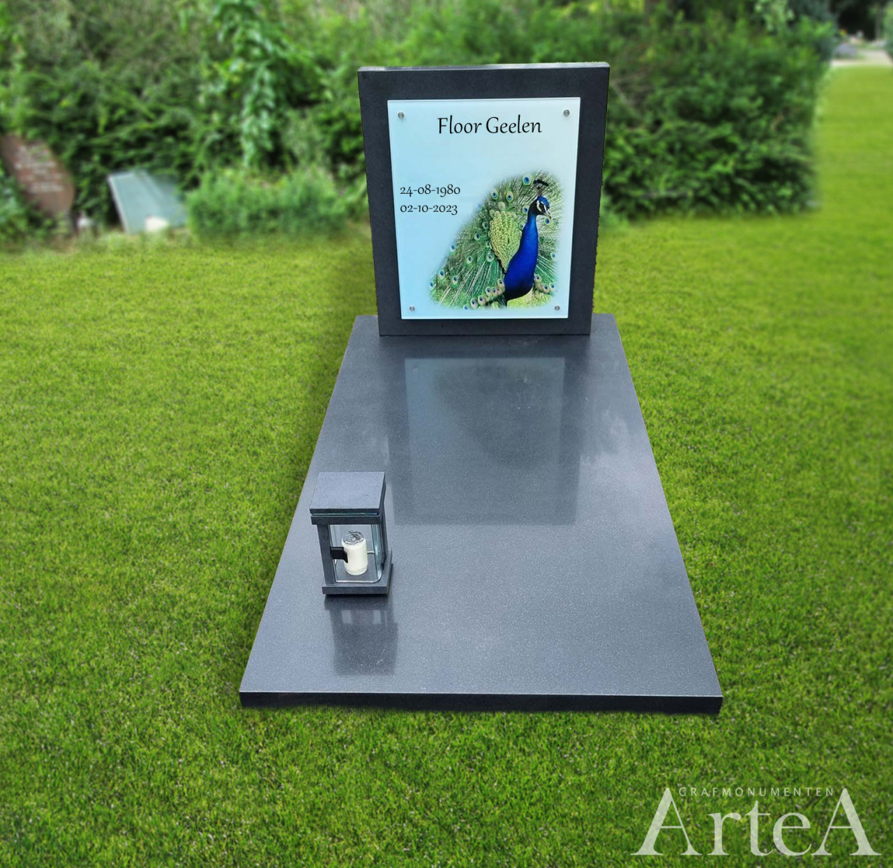 grafsteen met foto op plaat van glas