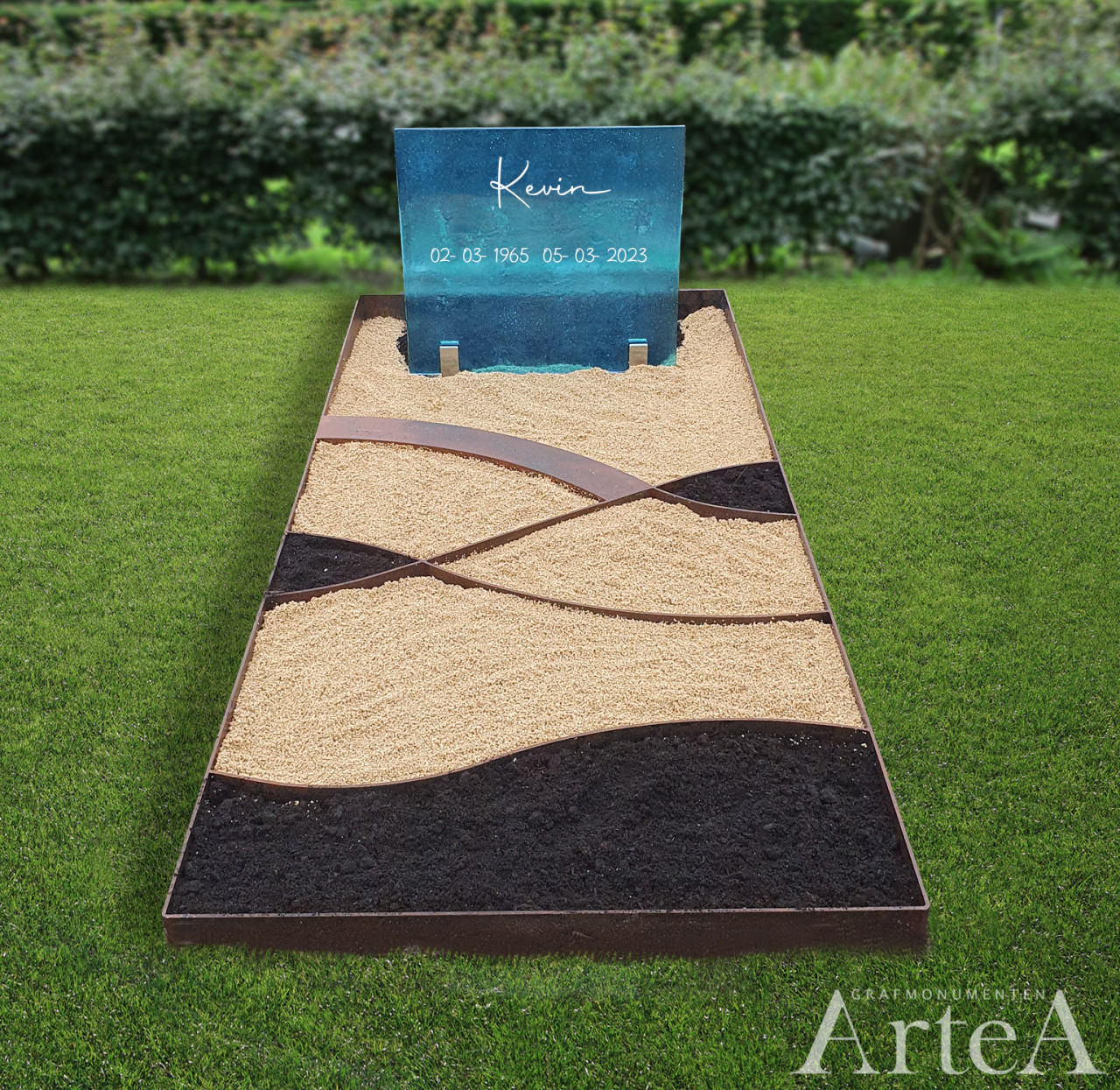 grafmonument blauwe glasplaat met tekst en rand van cortenstaal