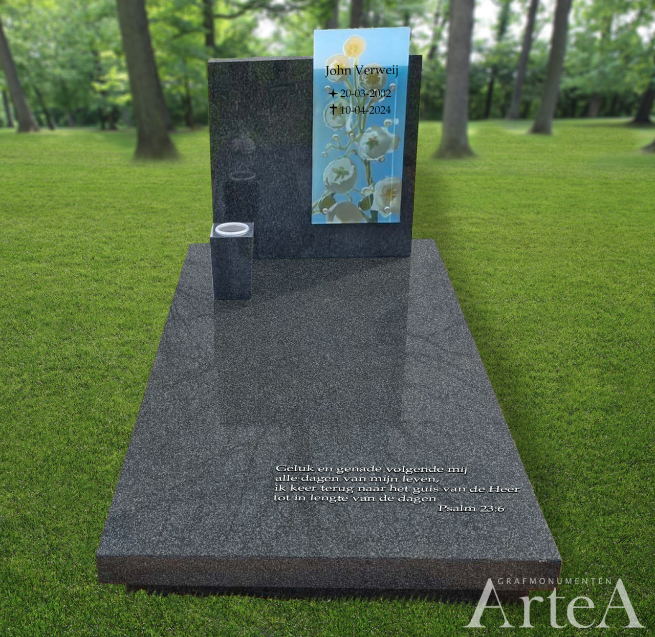 Grafmonument met fotoprint met bloemen