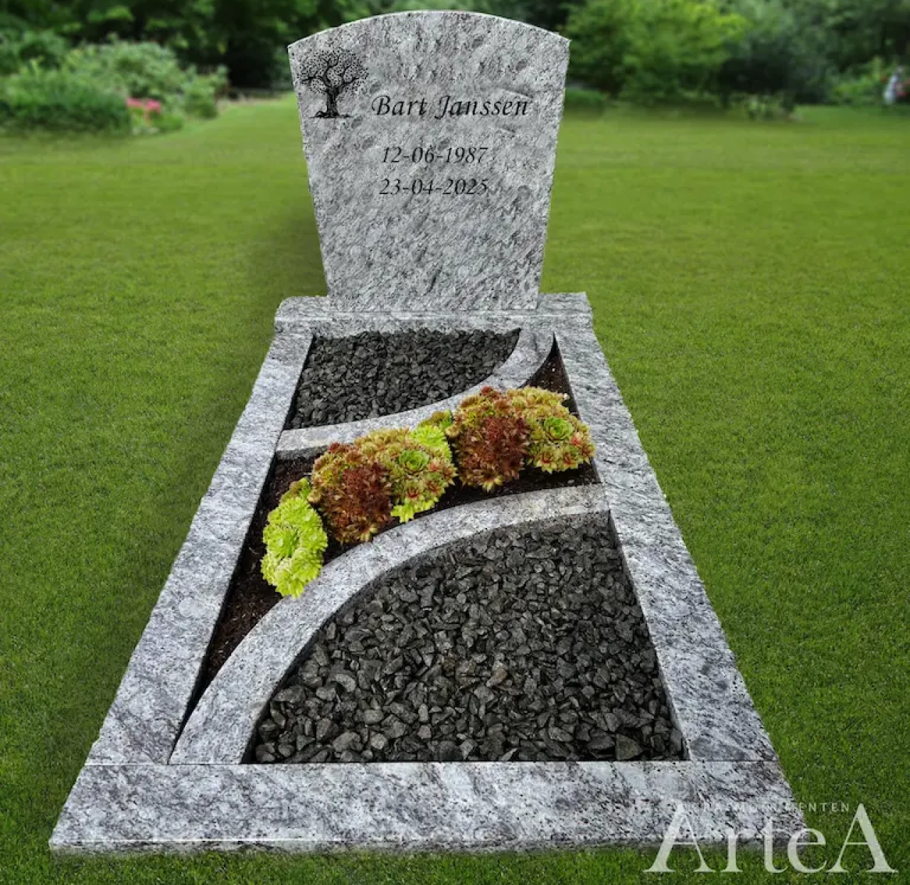 grafsteen van licht natuursteen met tuin