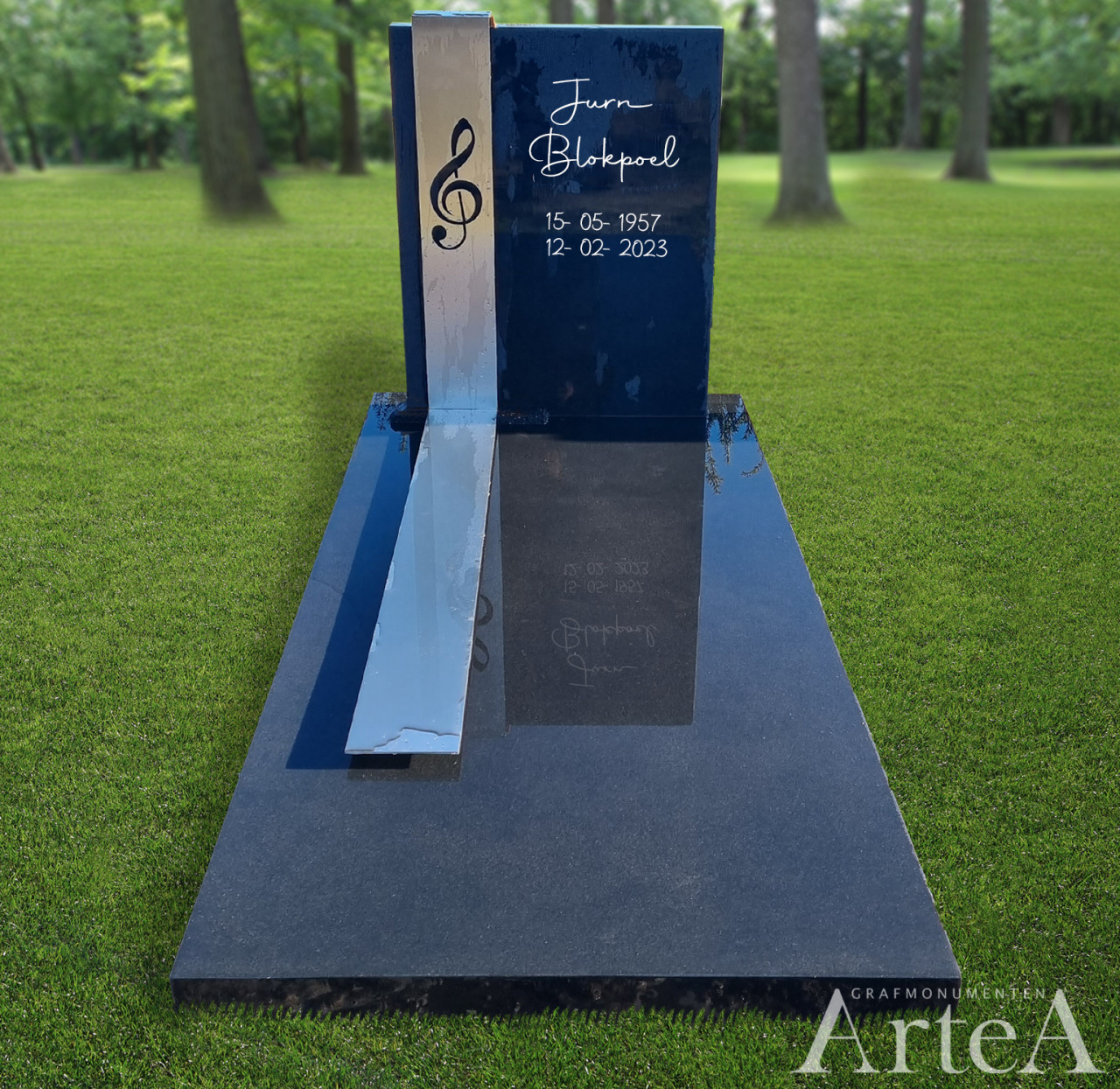 eigentijds grafmonument met rvs band