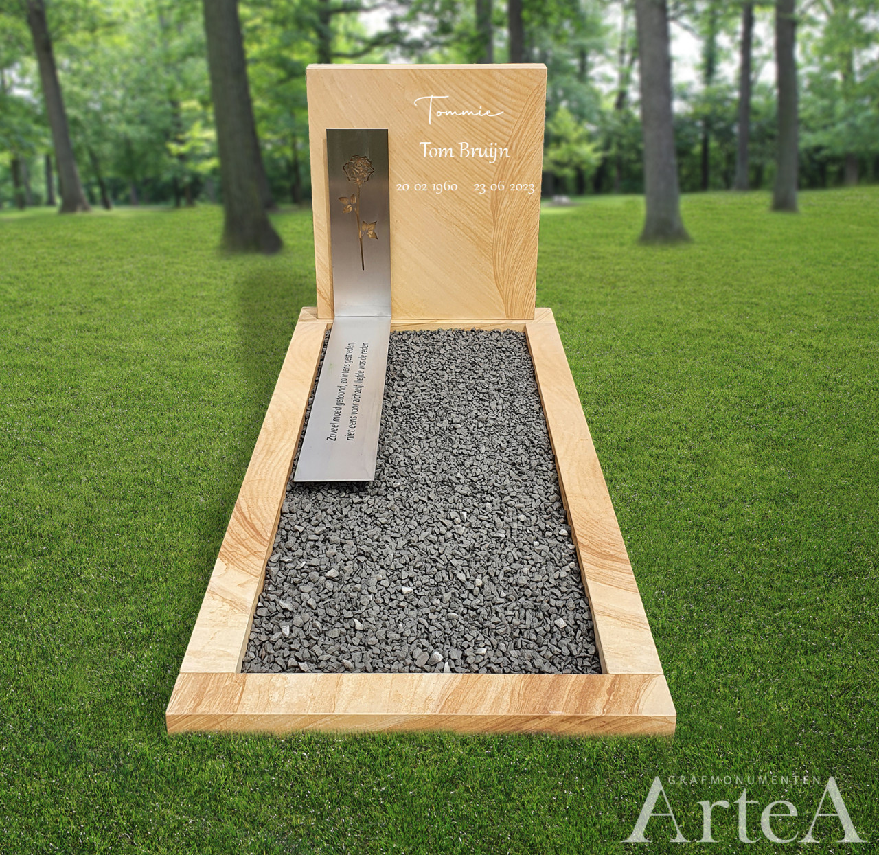 grafsteen in natuursteen Sandalwood en rvs strook