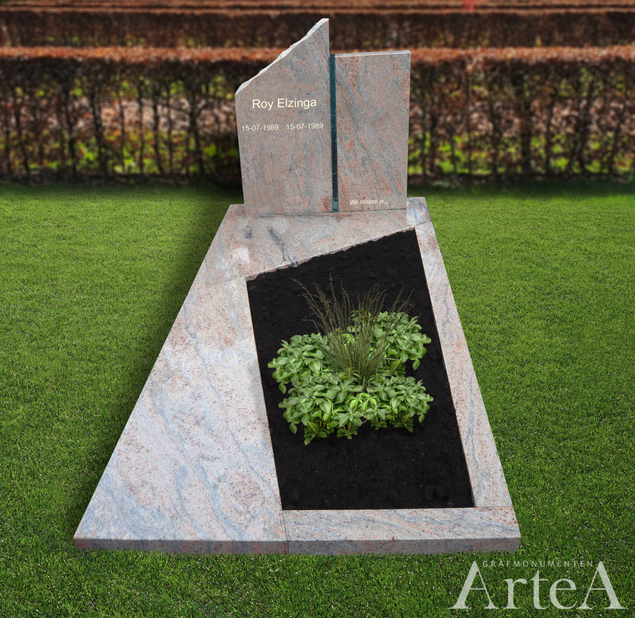 gedenkteken met glasstrookje en tuin