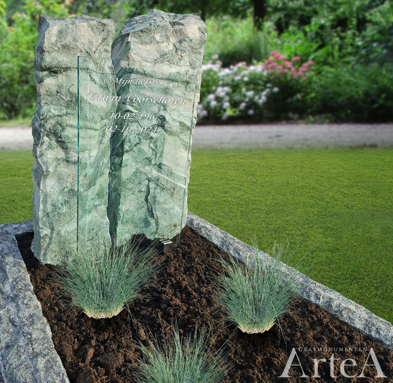 Grafmonument Zuilen van Metallic green en glasplaat