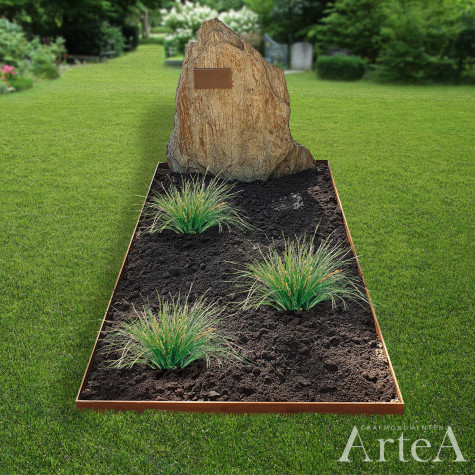 natuurlijke grafsteen met kei leisteen en rand van cortenstaal