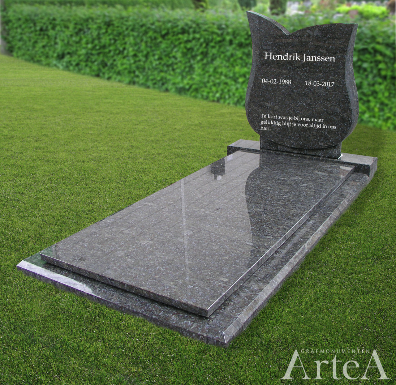 Basis grafsteen van graniet met de voor van een tulp