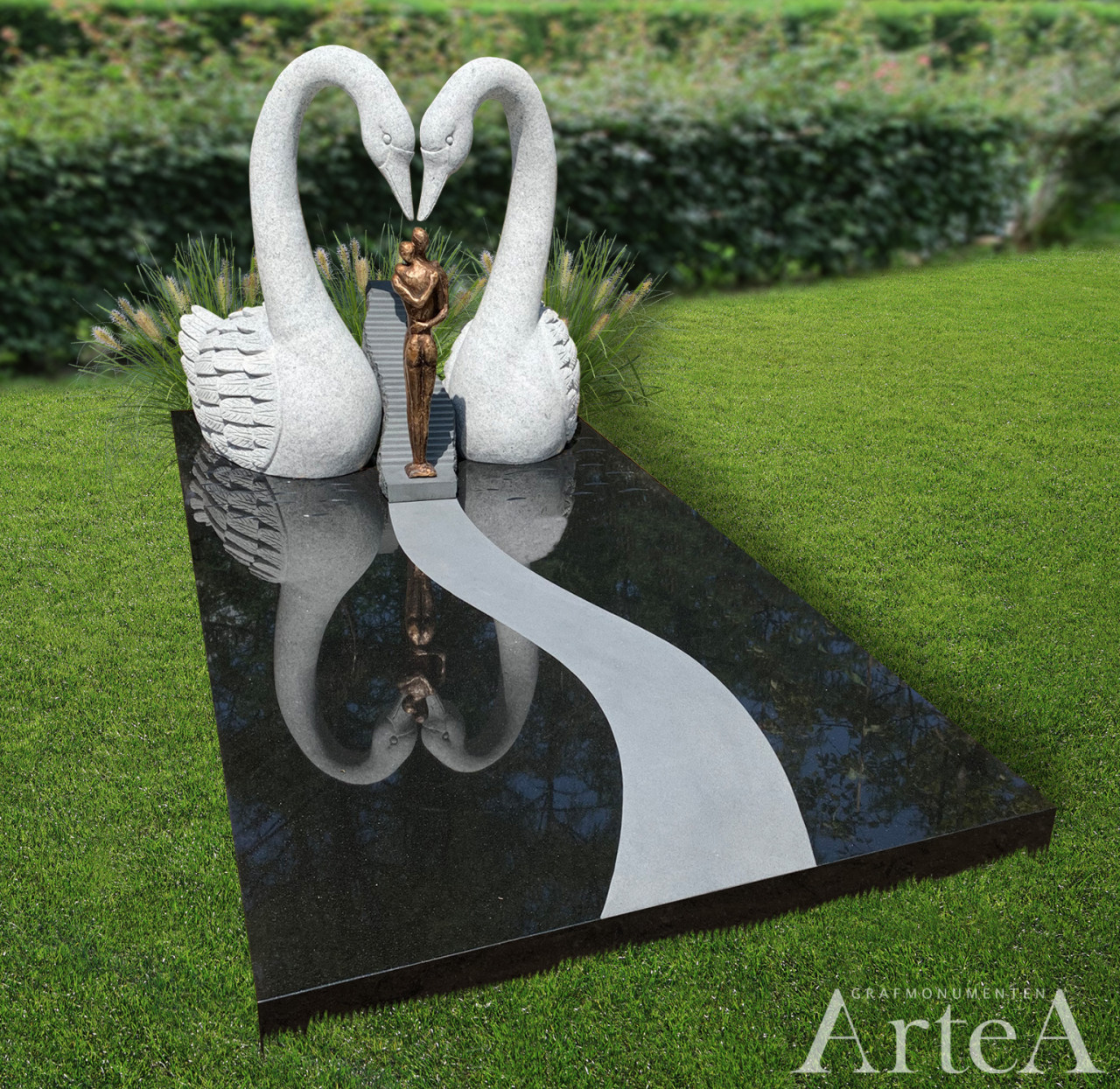 persoonlijk grafmonument met zwanen