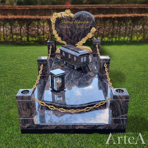 grafsteen met hart en woonwagen van graniet