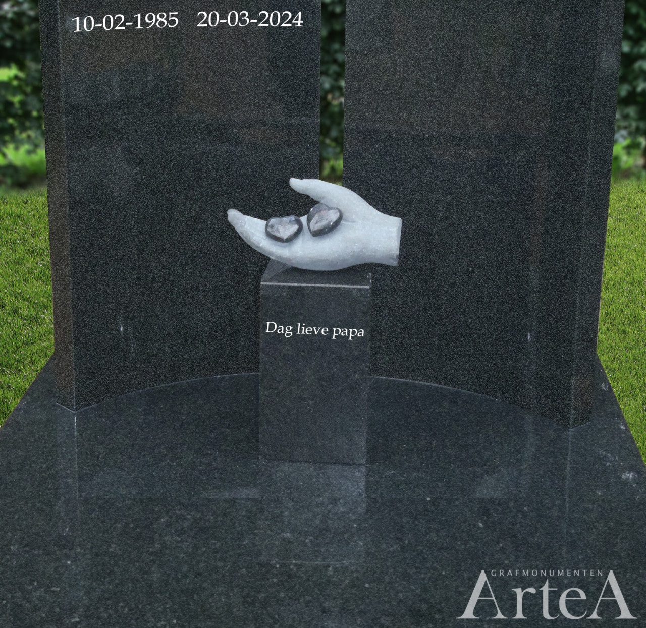 Grafsteen met hand en hartjes