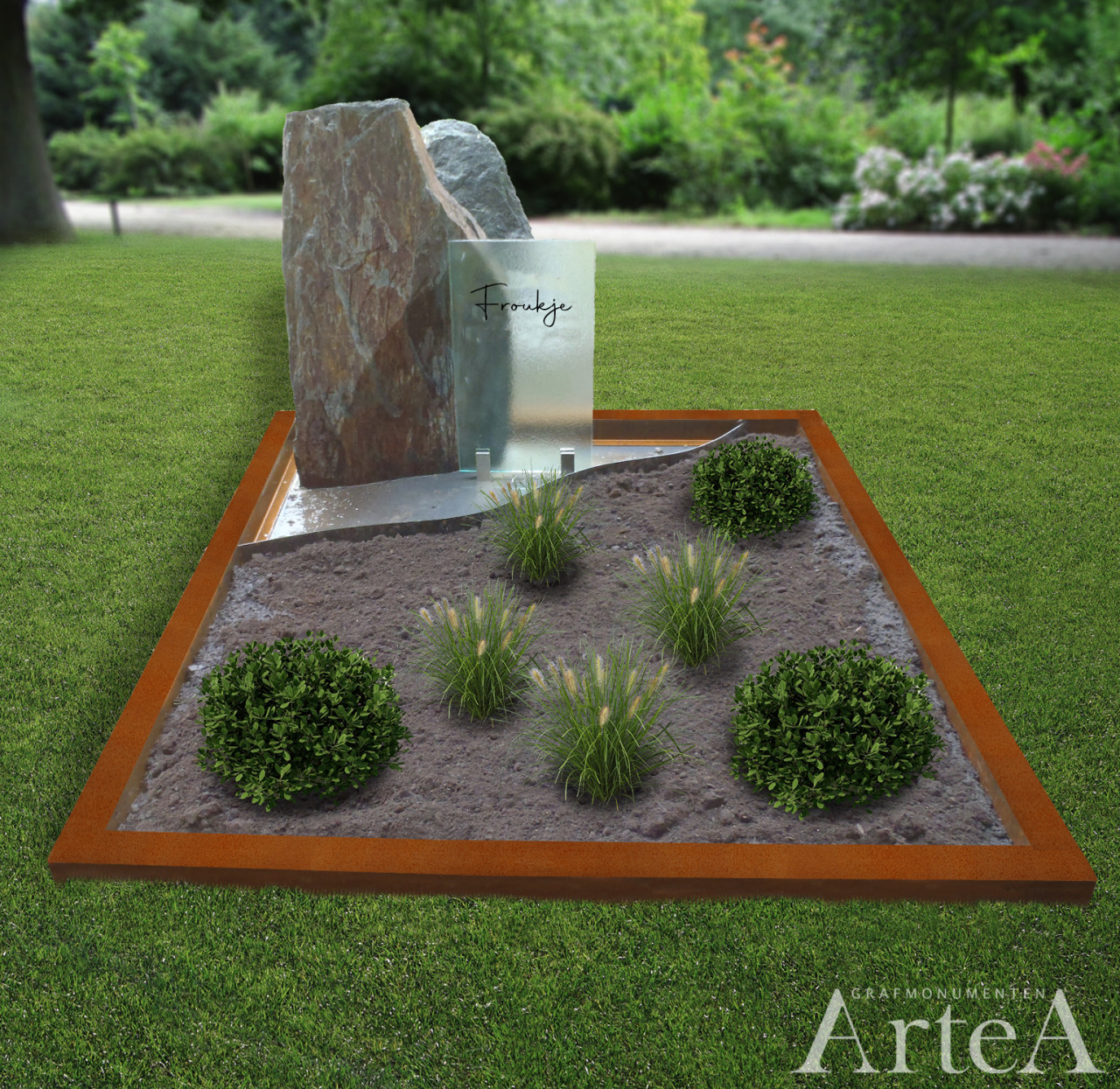 grafsteen dubbel met glas en cortenstaal