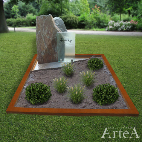 dubbele grafsteen met cortenstaal en glasplaat