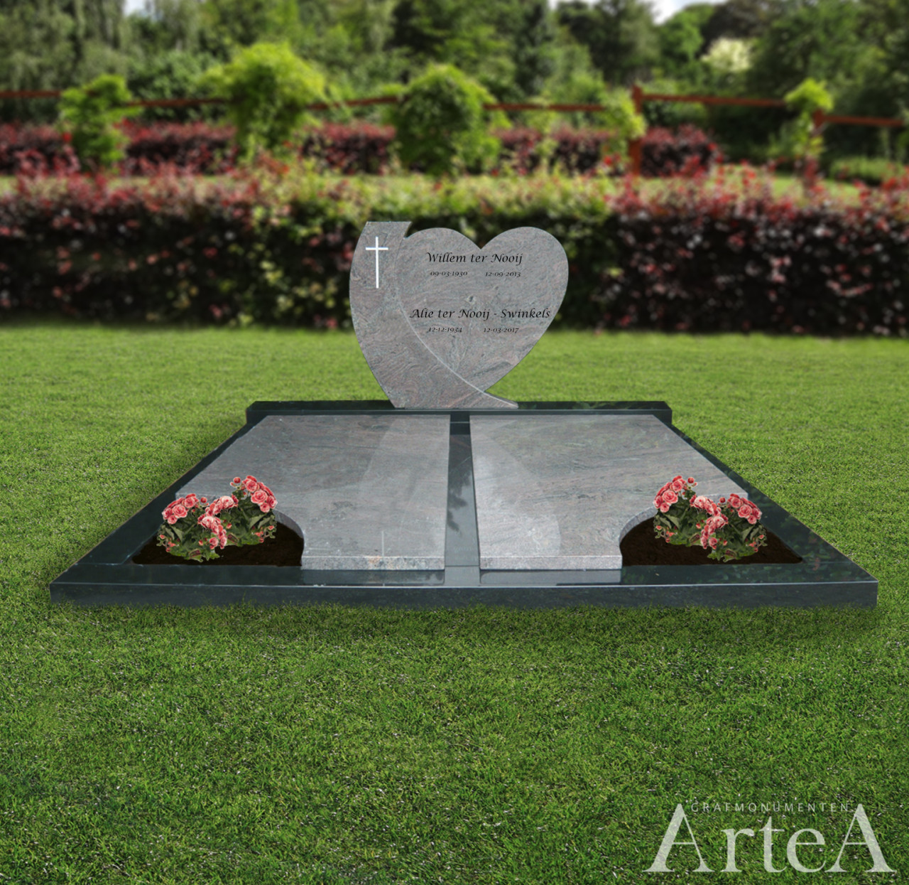 Dubbel grafmonument met hart en boog en kruis