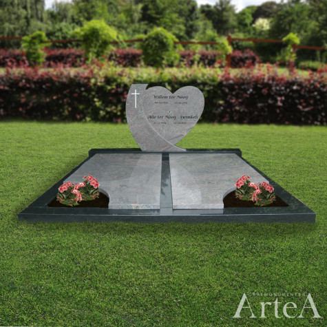 Dubbel grafmonument met hart en boog en kruis