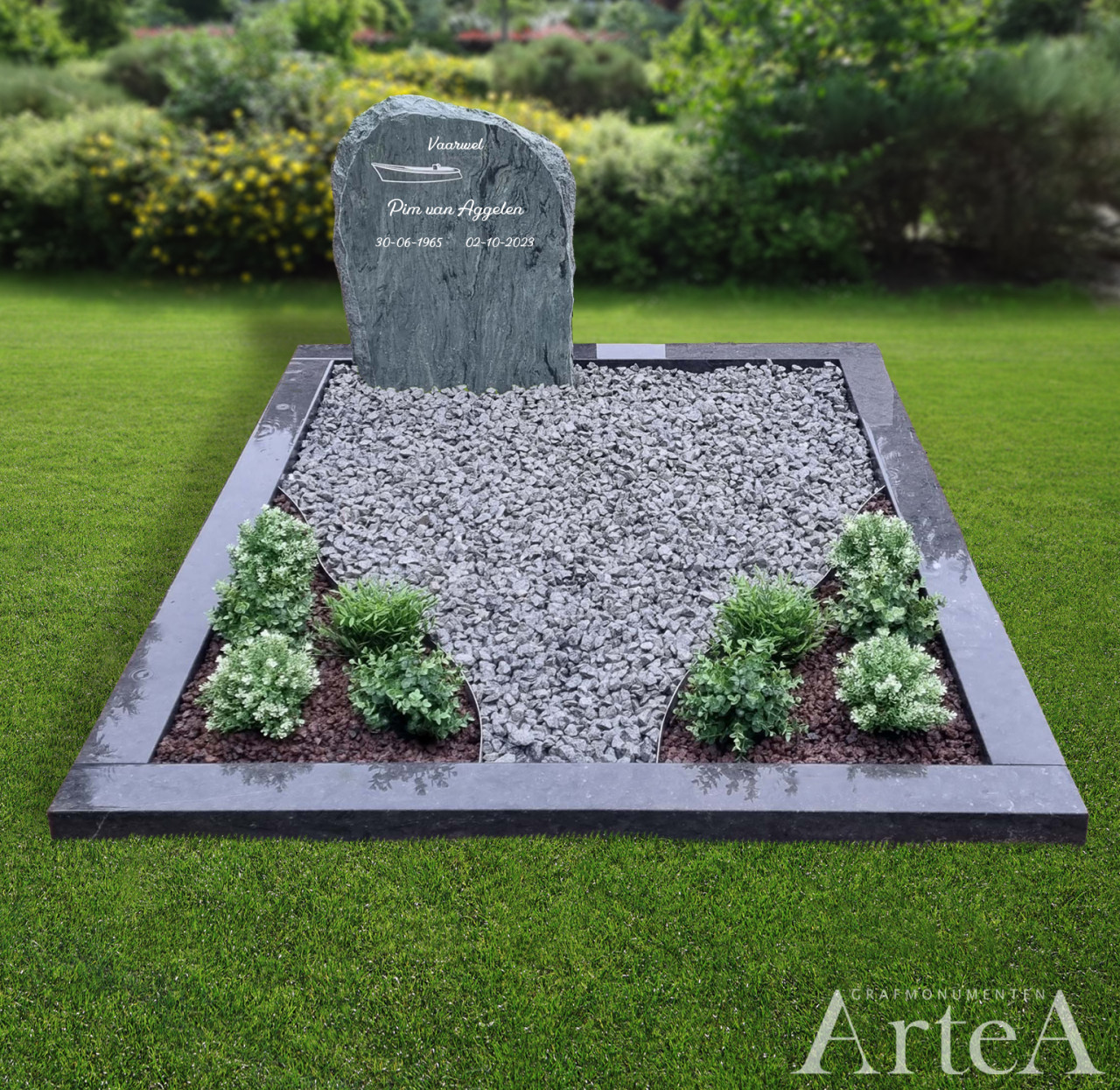 Dubbele grafsteen met grind en tuin