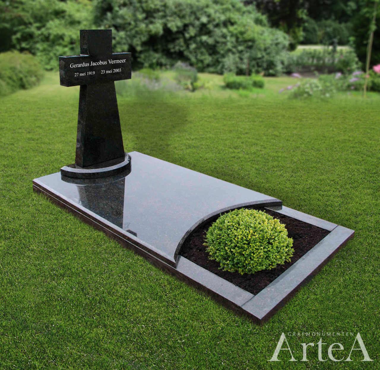 Grafsteen met glas en zwart graniet