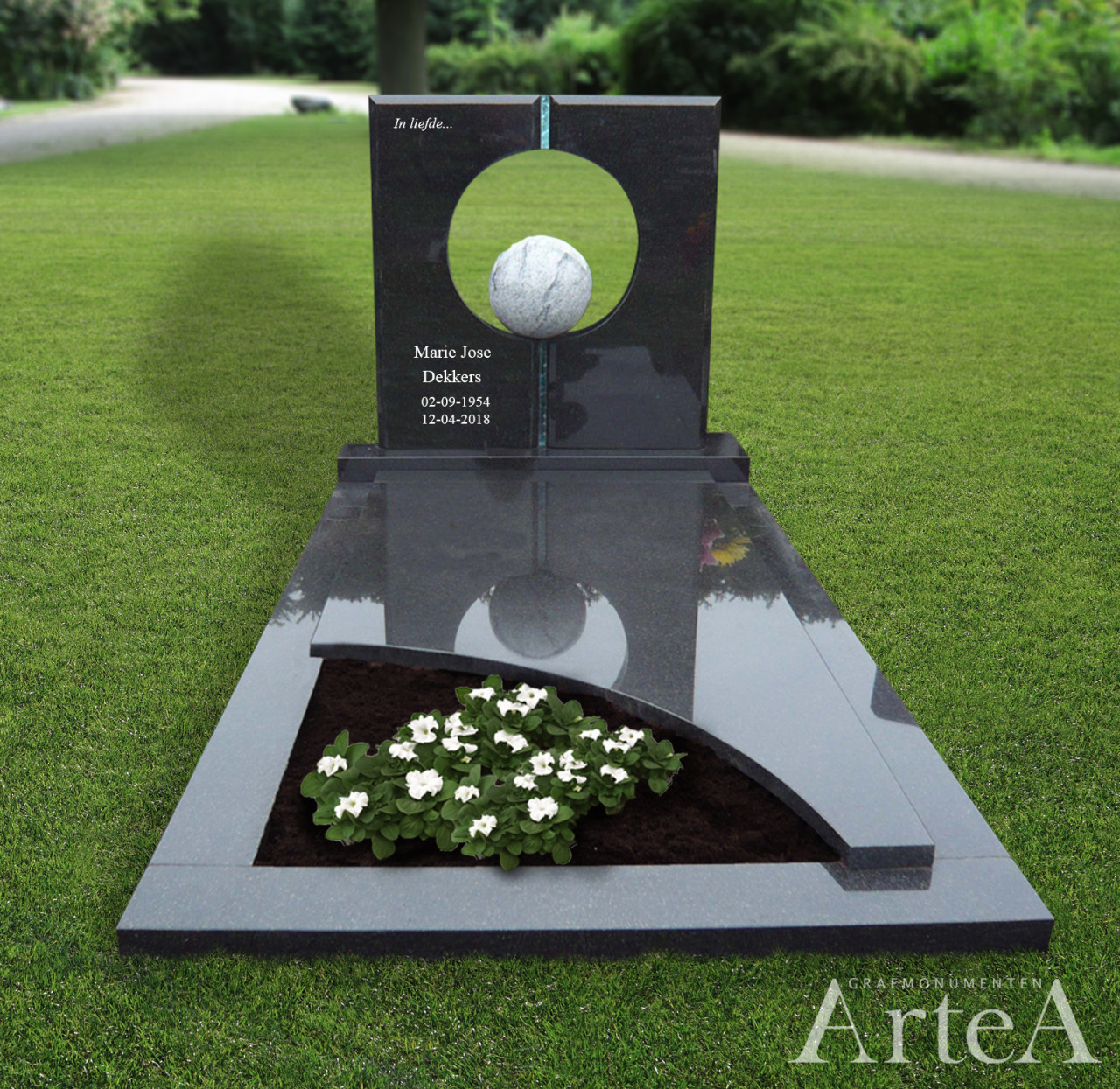 Grafsteen met glas en zwart graniet