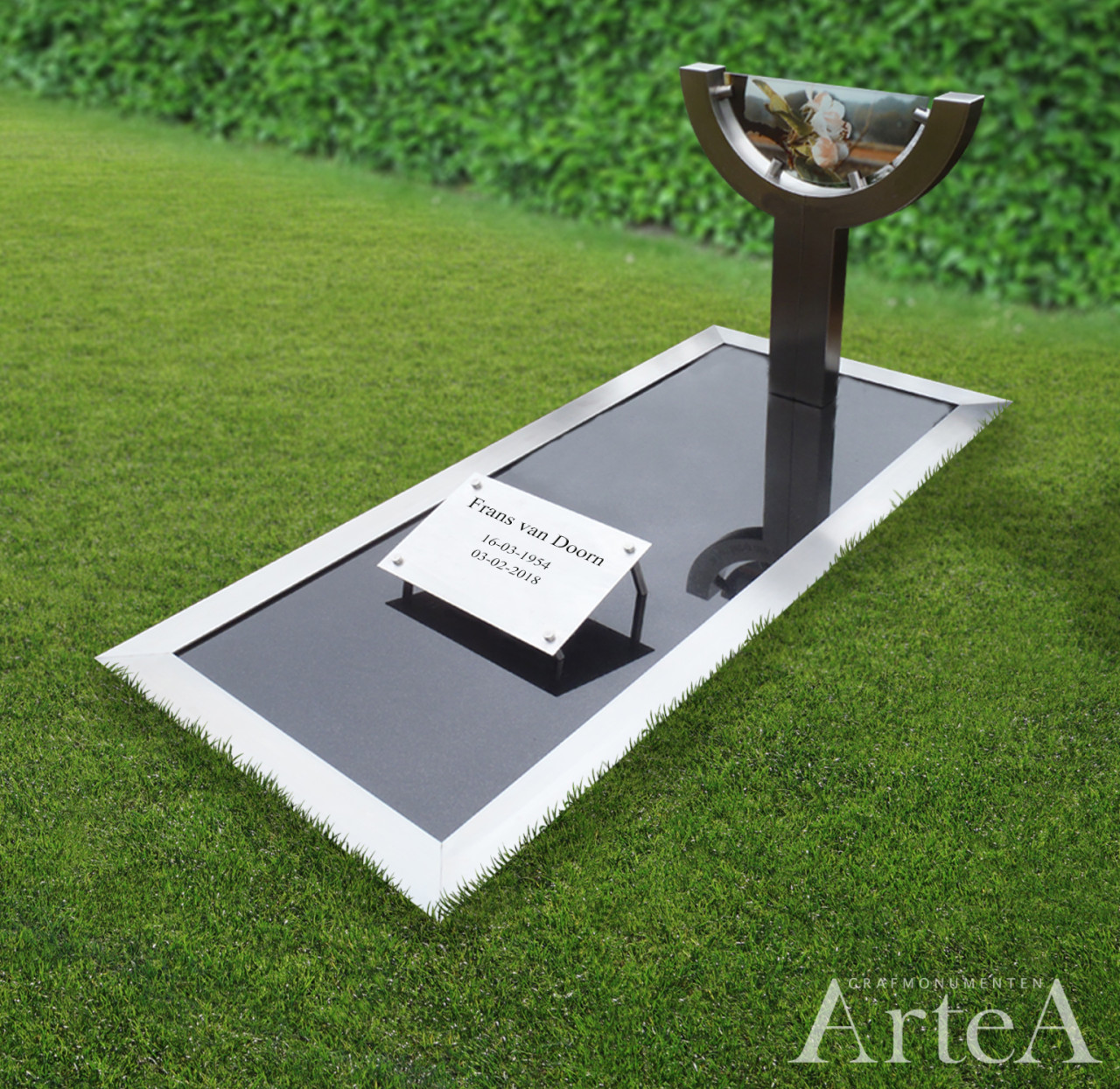 Grafsteen met brons roestvrijstaal en glasplaat
