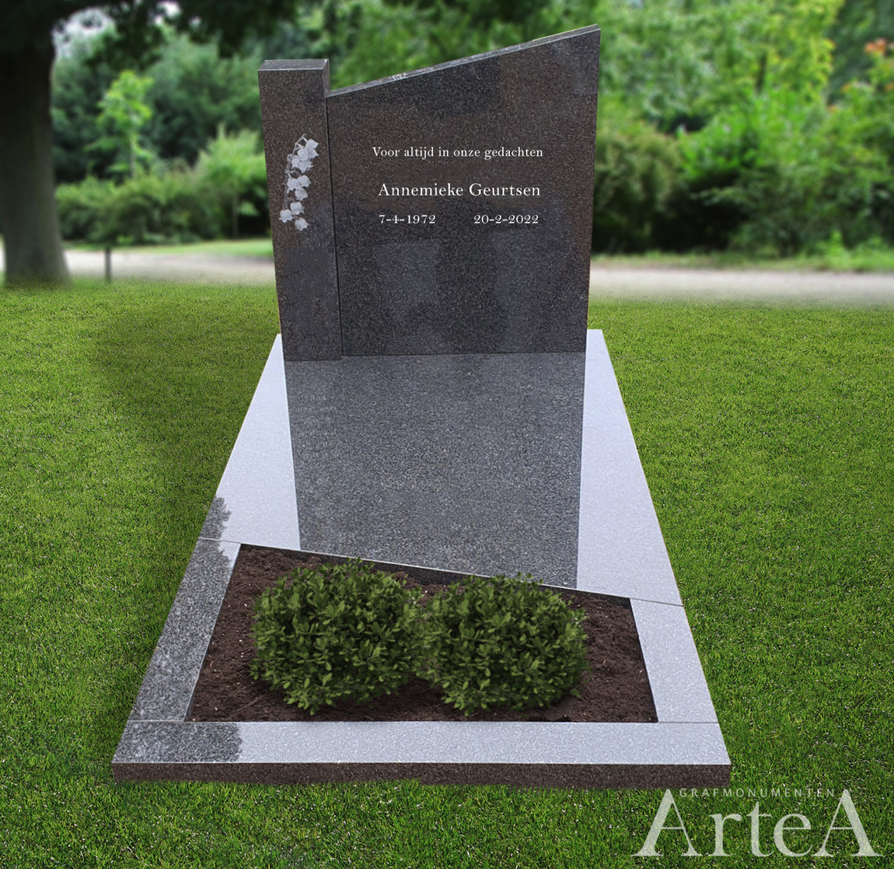 grafsteen met afbeelding van lelietjes van dalen