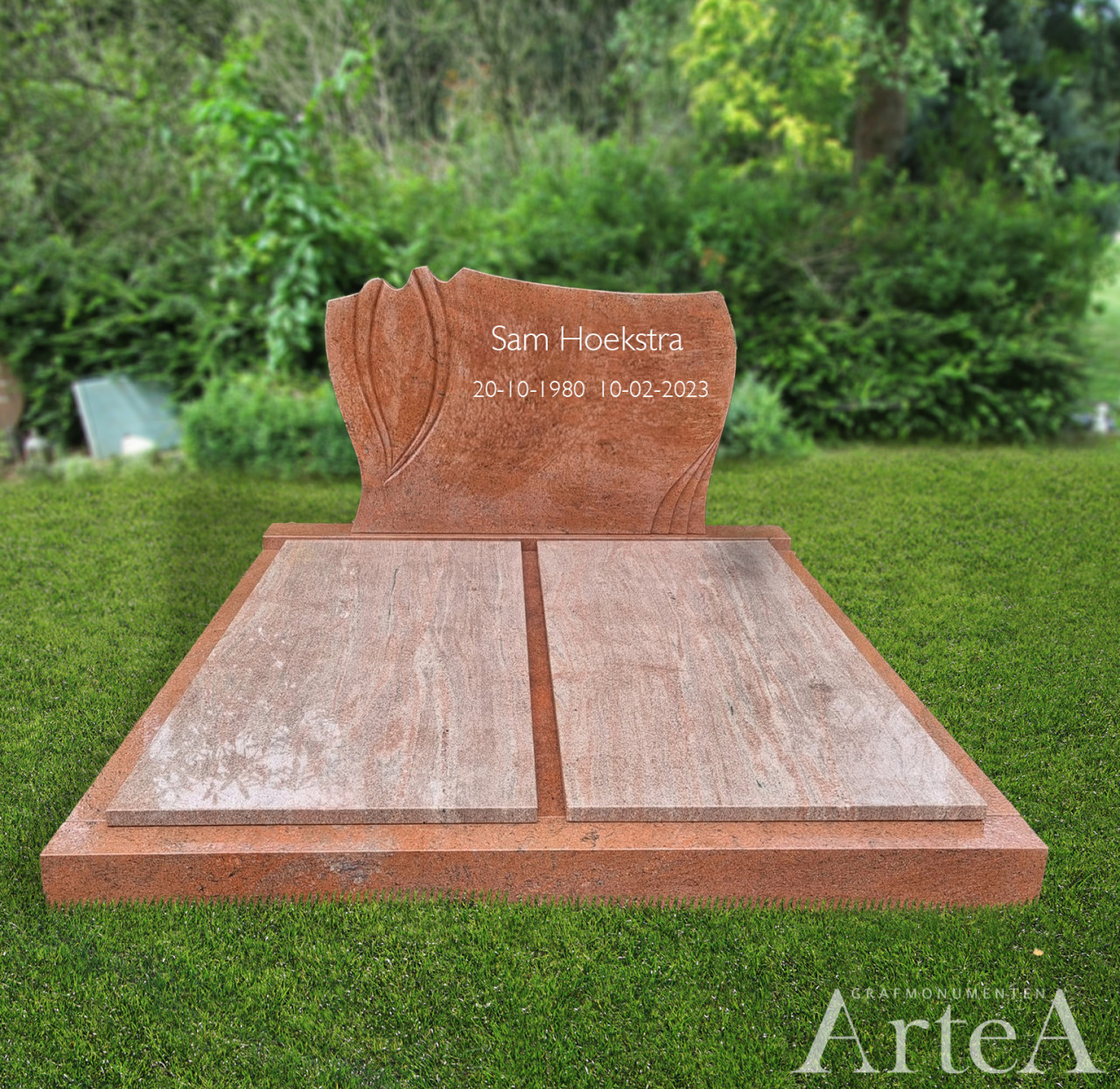 eenvoudig dubbel grafmonument rood tint