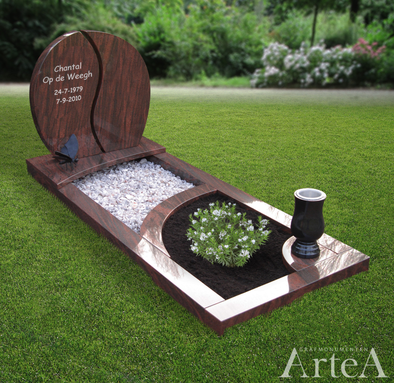 gedenksteen organisch in rood natuursteen