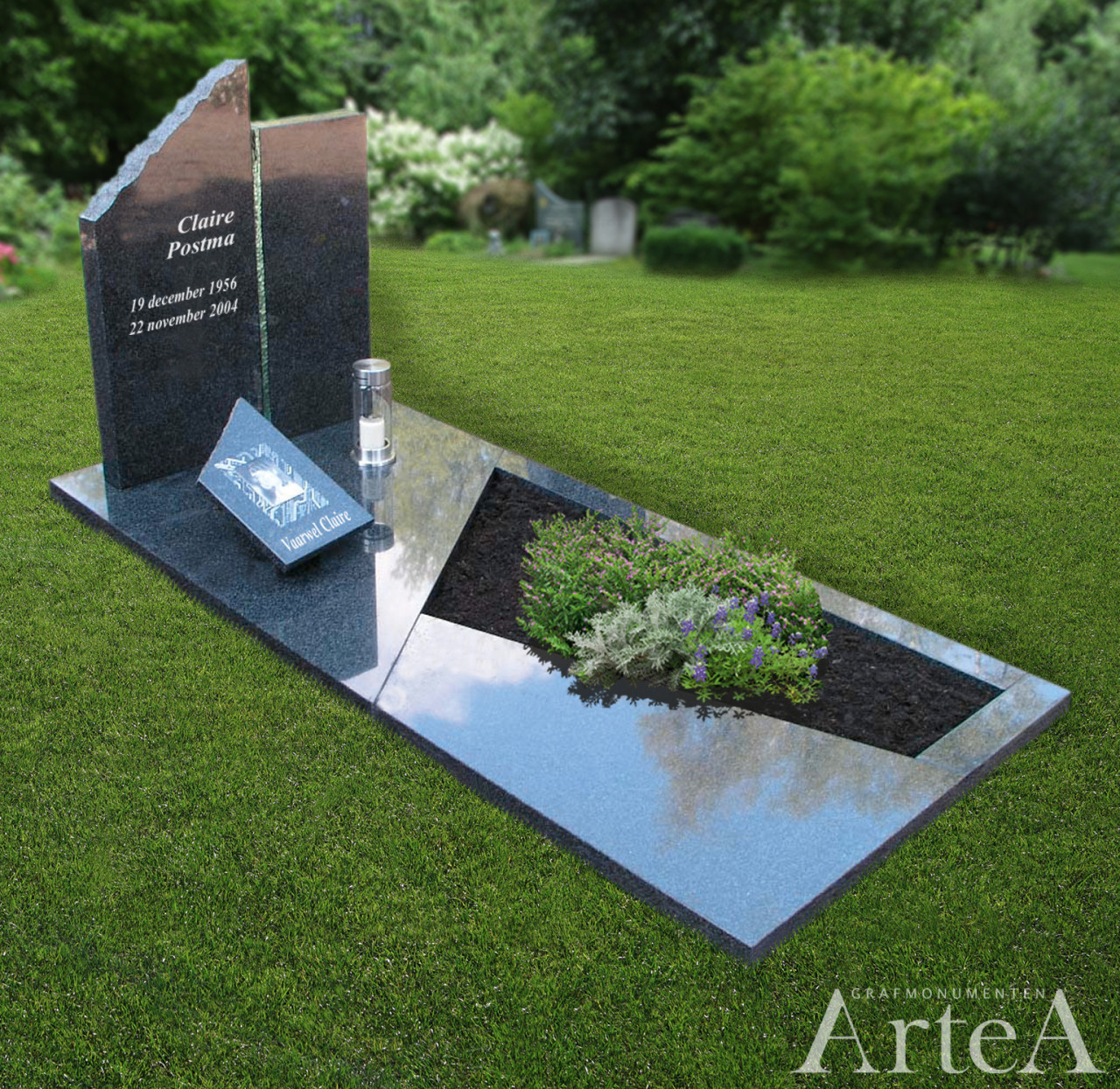 grafsteen met kartelrandje van glas