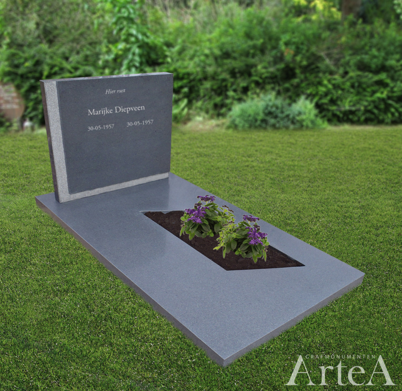 Grafmonument gezoet graniet zwarte kleur grafsteen mat zwart met tuin grijs