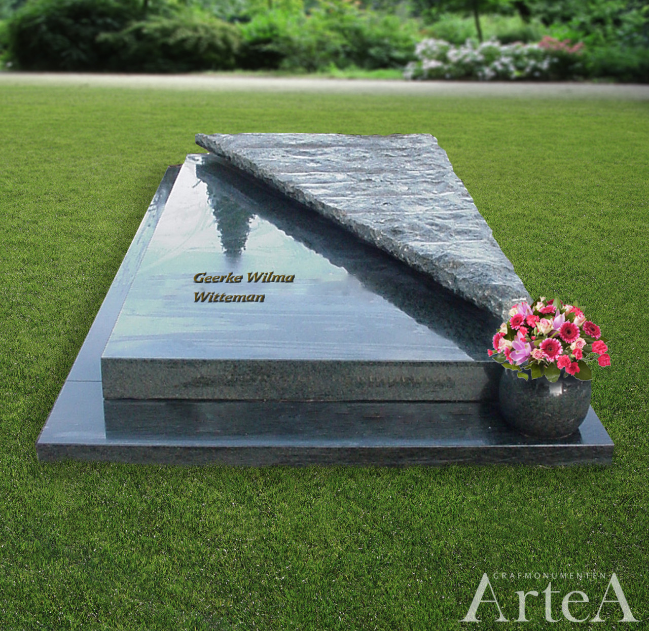 Grafzerk met ruwgekapt deel en graniet met bronzen letters