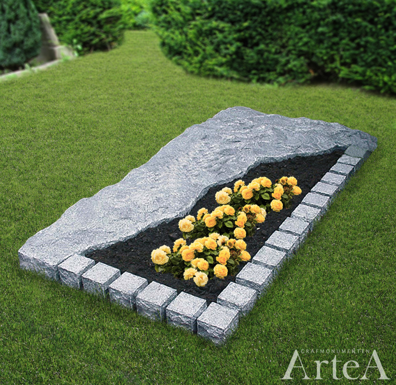 Grafzerk liggend grafmonument met ruwe kanten en klinkers