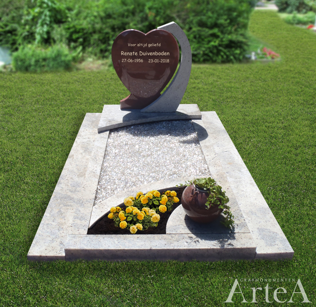 Grafmonuemnt dubbel grafsteen rood graniet met Belgisch hardsteen en glas en tuin met planten