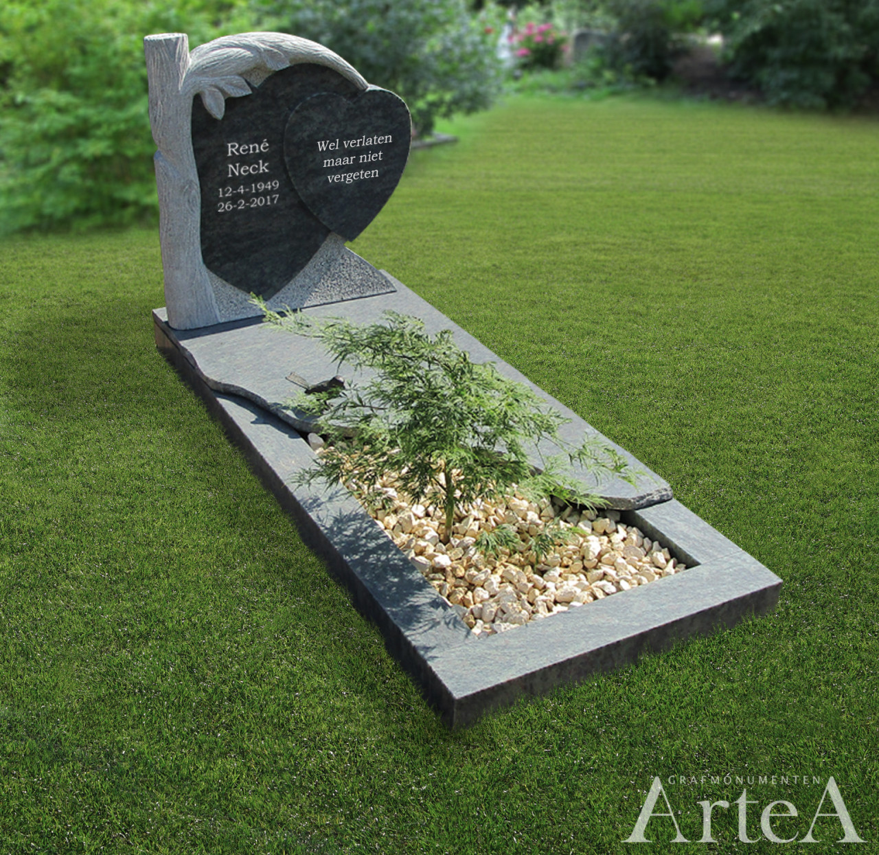Grafmonument hart met boom grafsteen zwart grijs graniet