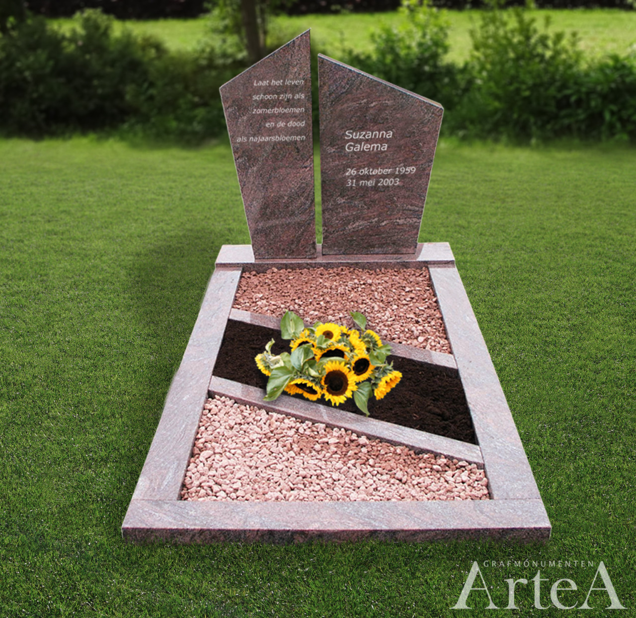 grafsteen rood graniet grafmonument tuin met 2 zuilen