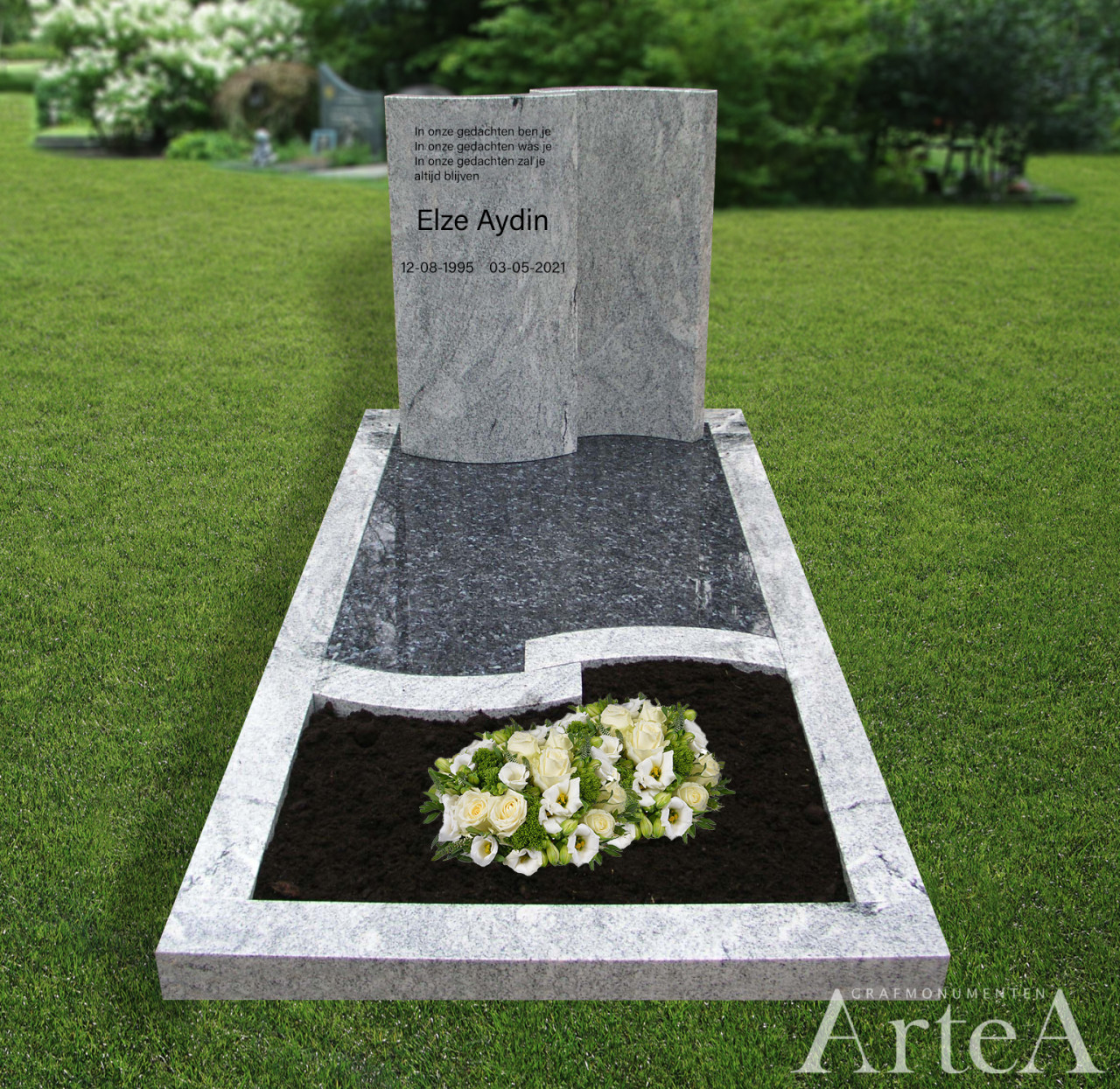 Grafmonument wit graniet met 2 zuilen en tuin basis natuurlijk