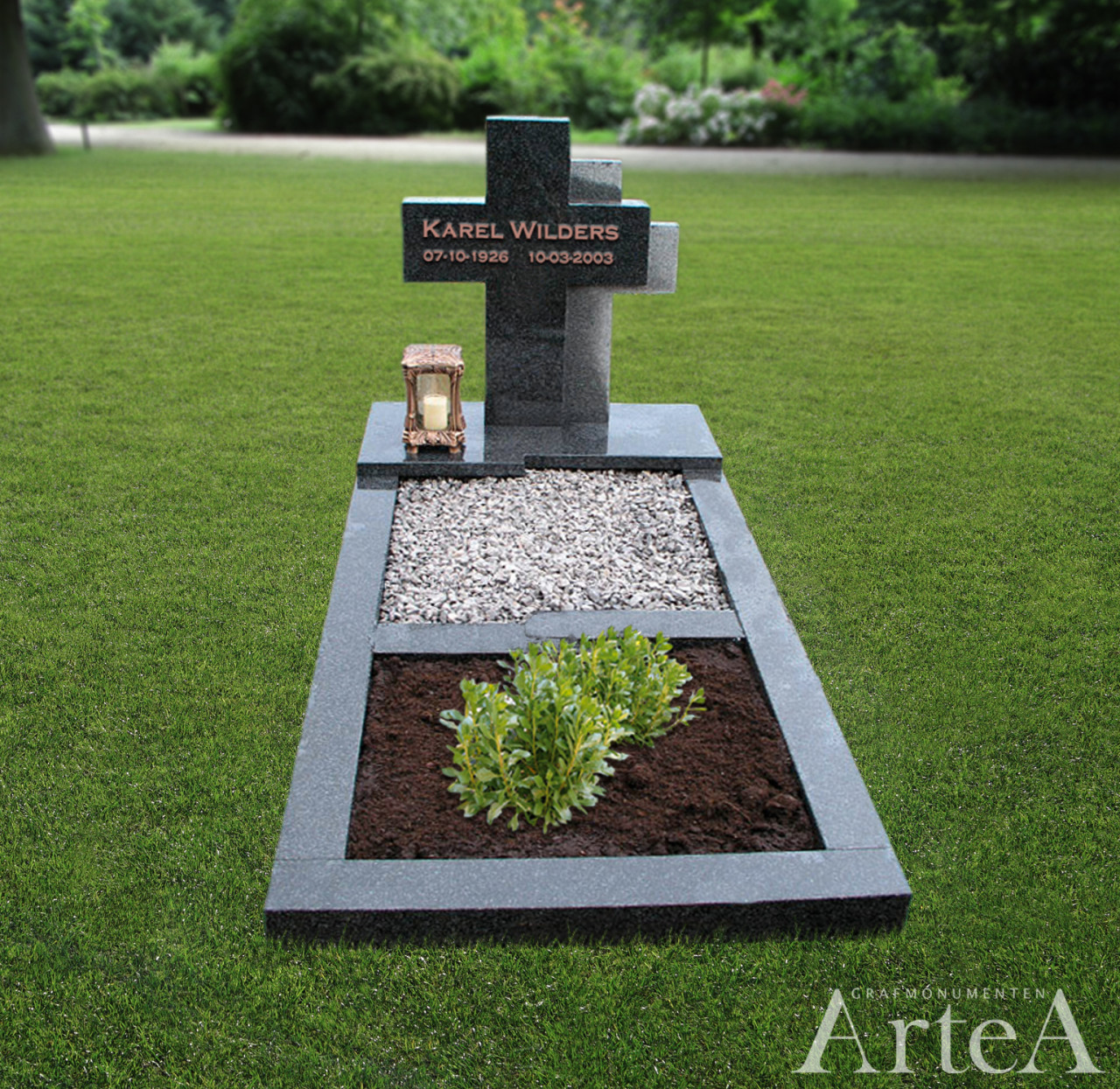 Grafmonument van zwart en grijs graniet grafsteen met tuin en grind