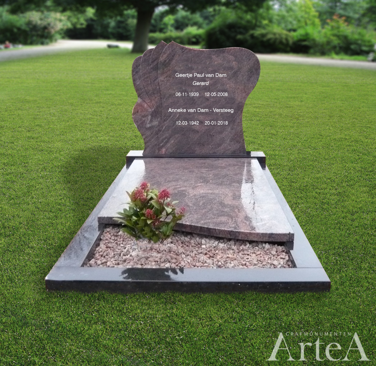 Grafsteen zwart met rood grafmonument met tekst gedenkteken met tuin en letters