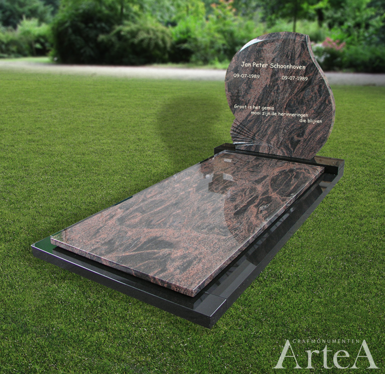 Grafmonument zwart met rood grafsteen apart goedkoop van graniet