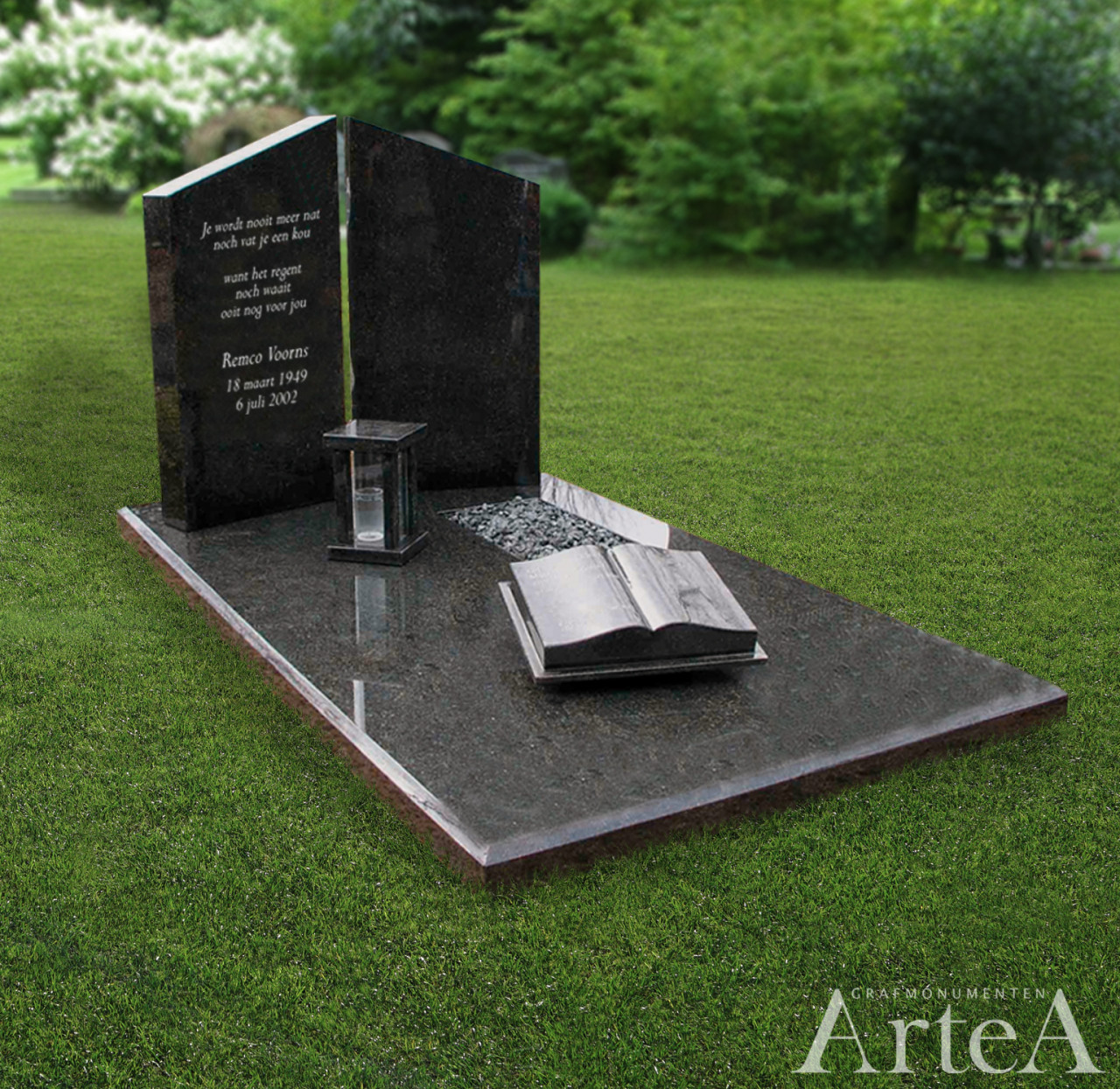 Grafmonument zwart met zuilen en lantaarn grasteen graniet met boek en grind MBS 37