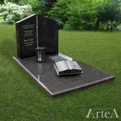 Grafmonument zwart met zuilen en lantaarn grafsteen graniet met boek en grind