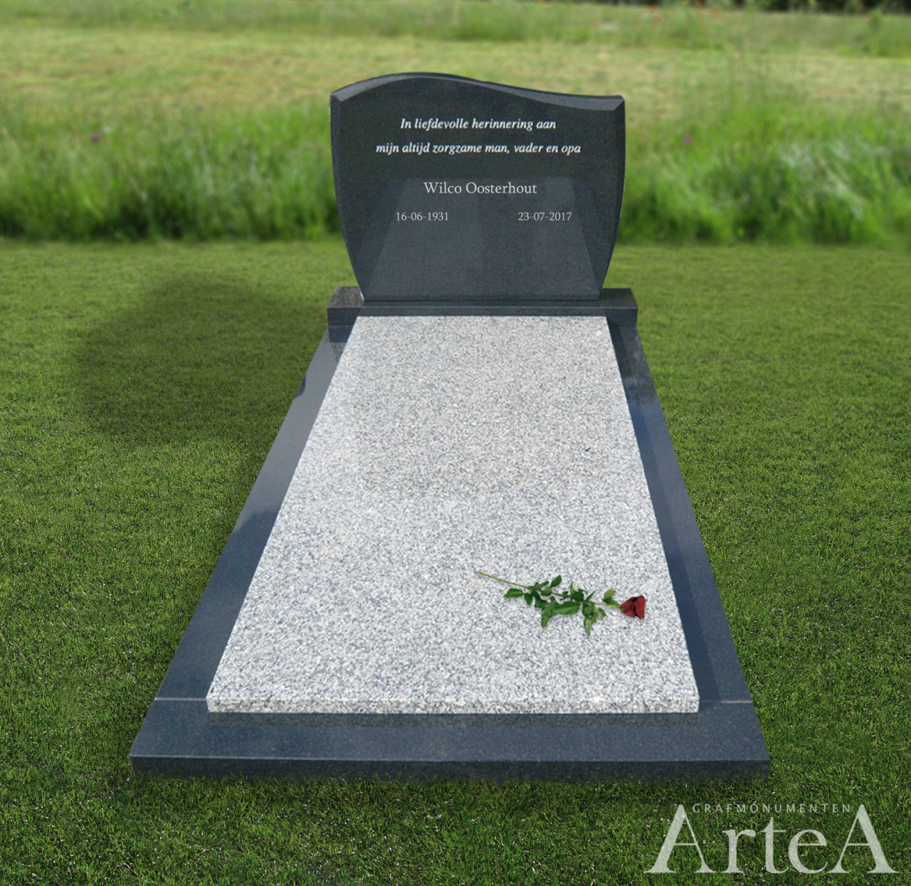 Grafsteen zwart en wit grafmonument van graniet met tekst en roos