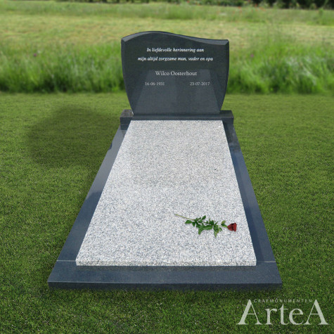 Grafsteen zwart en wit grafmonument van graniet met tekst en roos