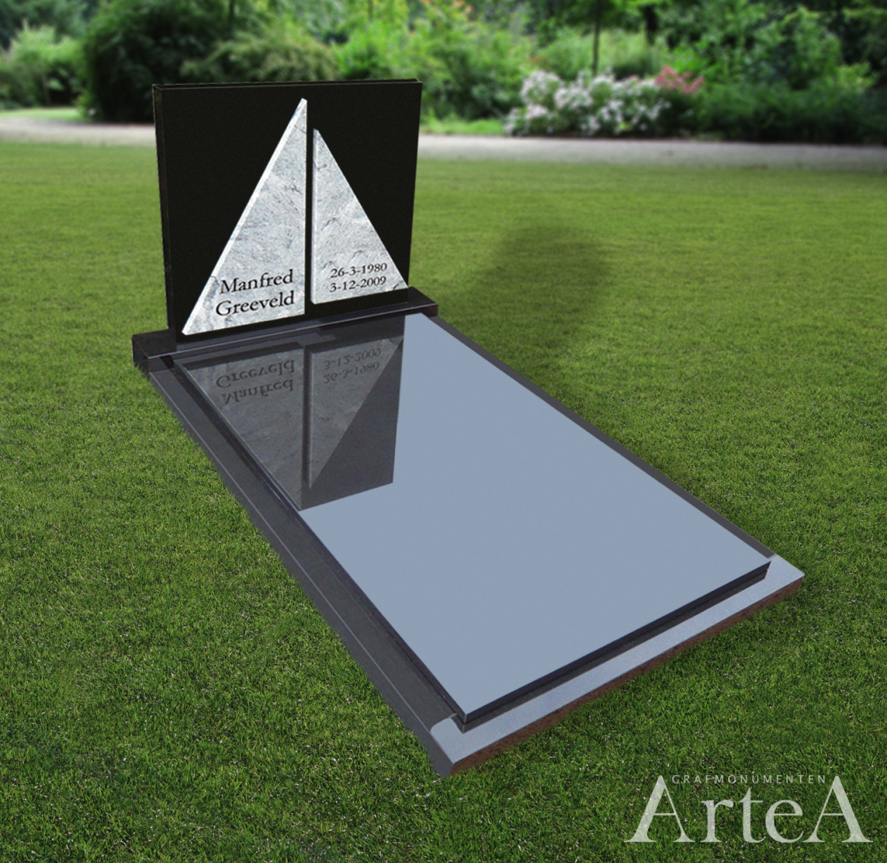 Grafsteen met boot van zwart en wit graniet