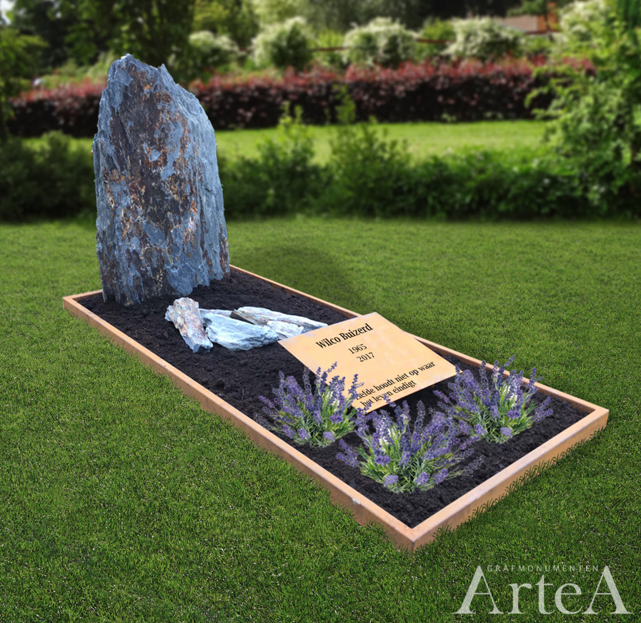 Grafmonument cortestaal roestrand met kei en ruw