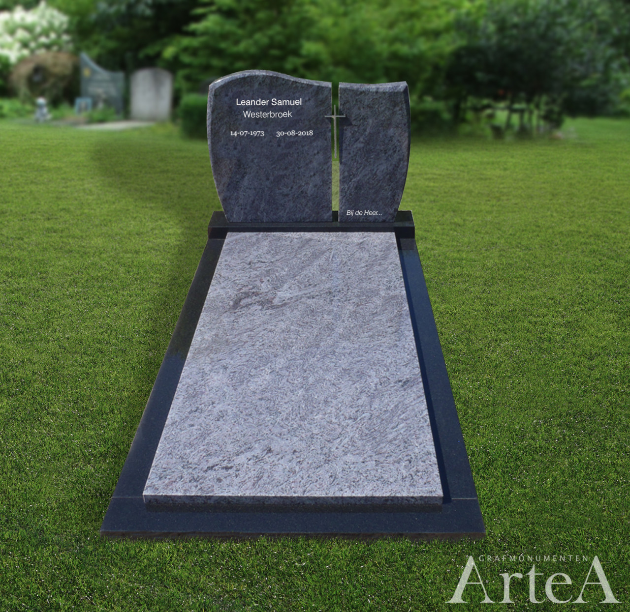 grafmonument goldkop 2 delen grafsteen zwart en blauw grijs met kruis basis en goedkoop