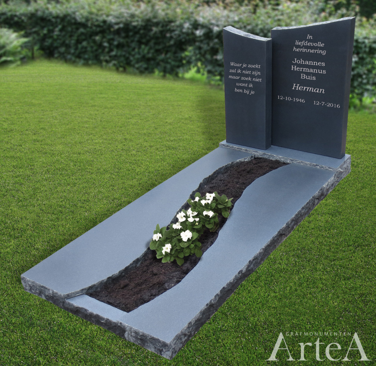 Grafmonument grafstenen graniet gezoet met 2 zuilen en tuin